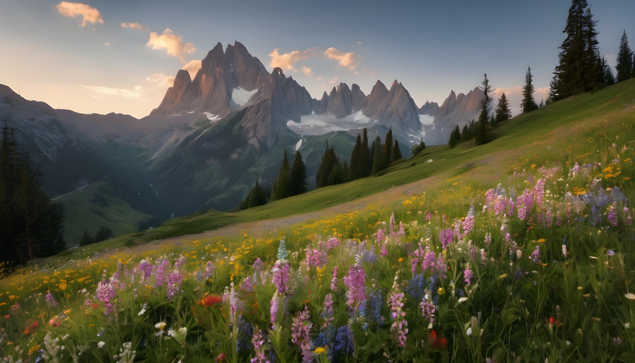 Wildflowers scattered across an alpine meadow beneath peaks at golden hour