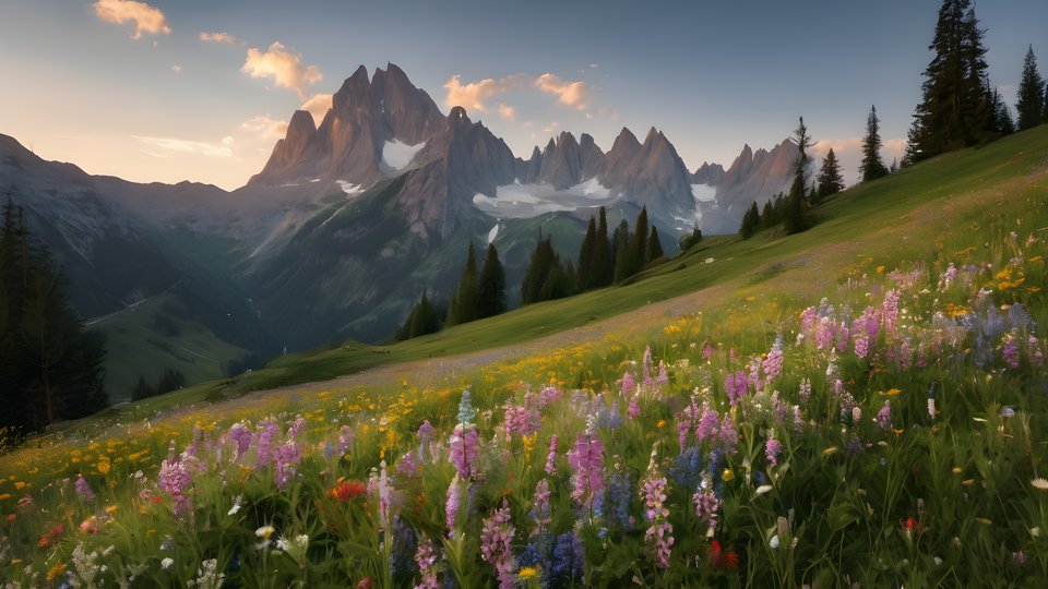 Wildflowers scattered across an alpine meadow beneath peaks at golden hour