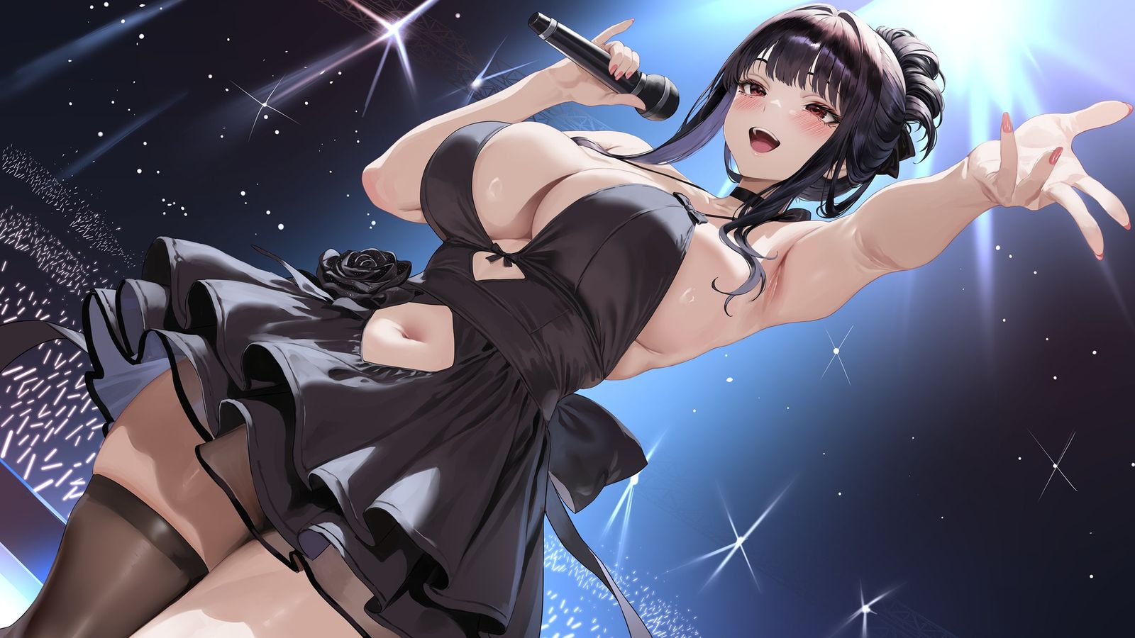 An anime idol singer in a black dress performing on stage with a microphone under bright spotlights.