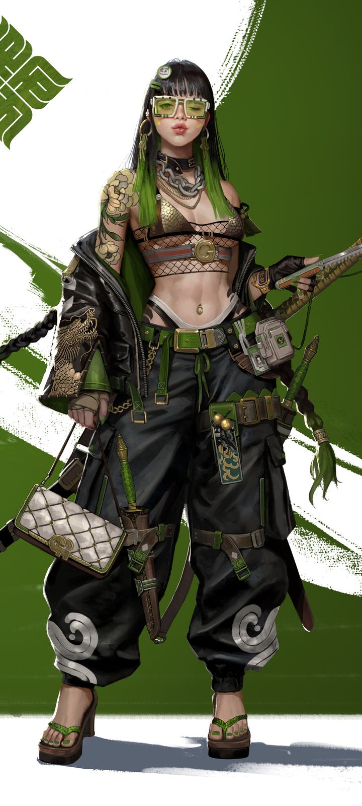 Digital illustration of a green-haired woman in stylish streetwear holding a katana against a green ink-splash background.