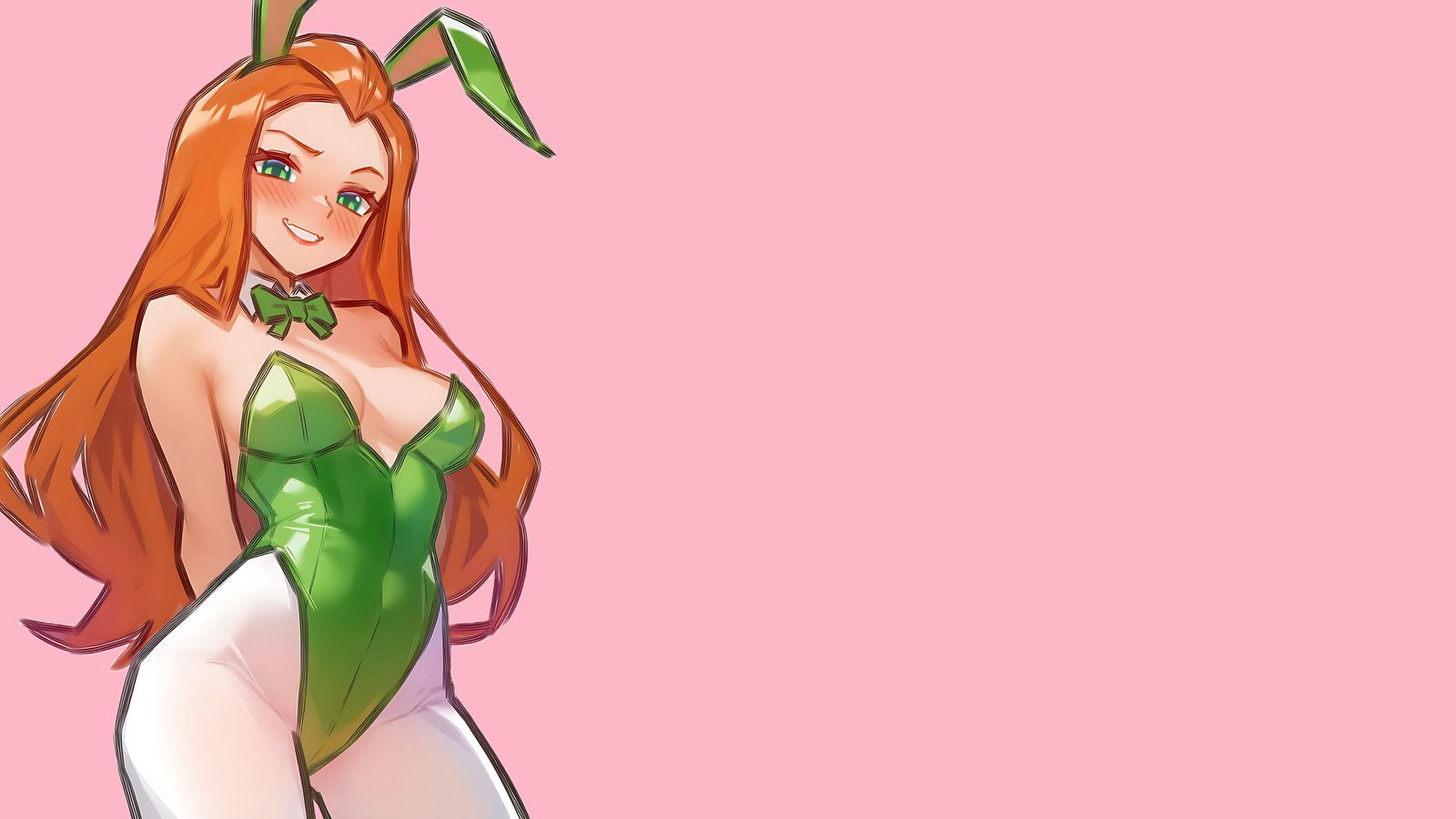 Anime illustration of a smiling orange-haired girl in a green bunny girl outfit against a pink background.