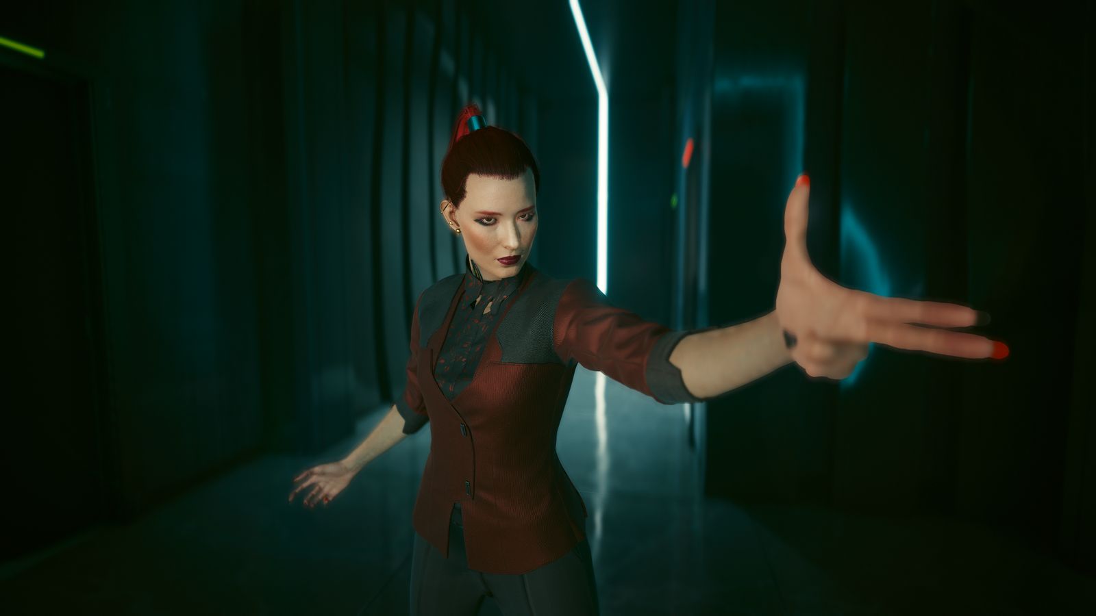 A red-haired woman in a burgundy vest reaches toward the camera in a dark neon-lit corridor.