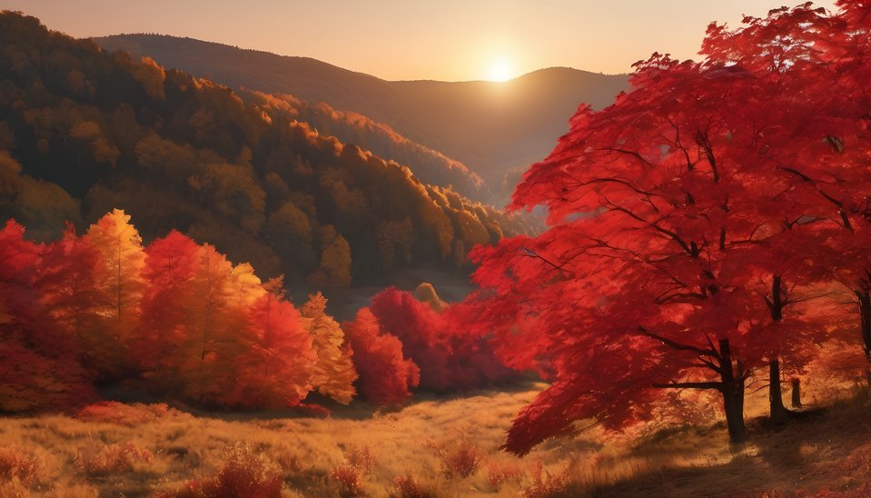 A valley of maple trees in full red and gold autumn color at golden hour