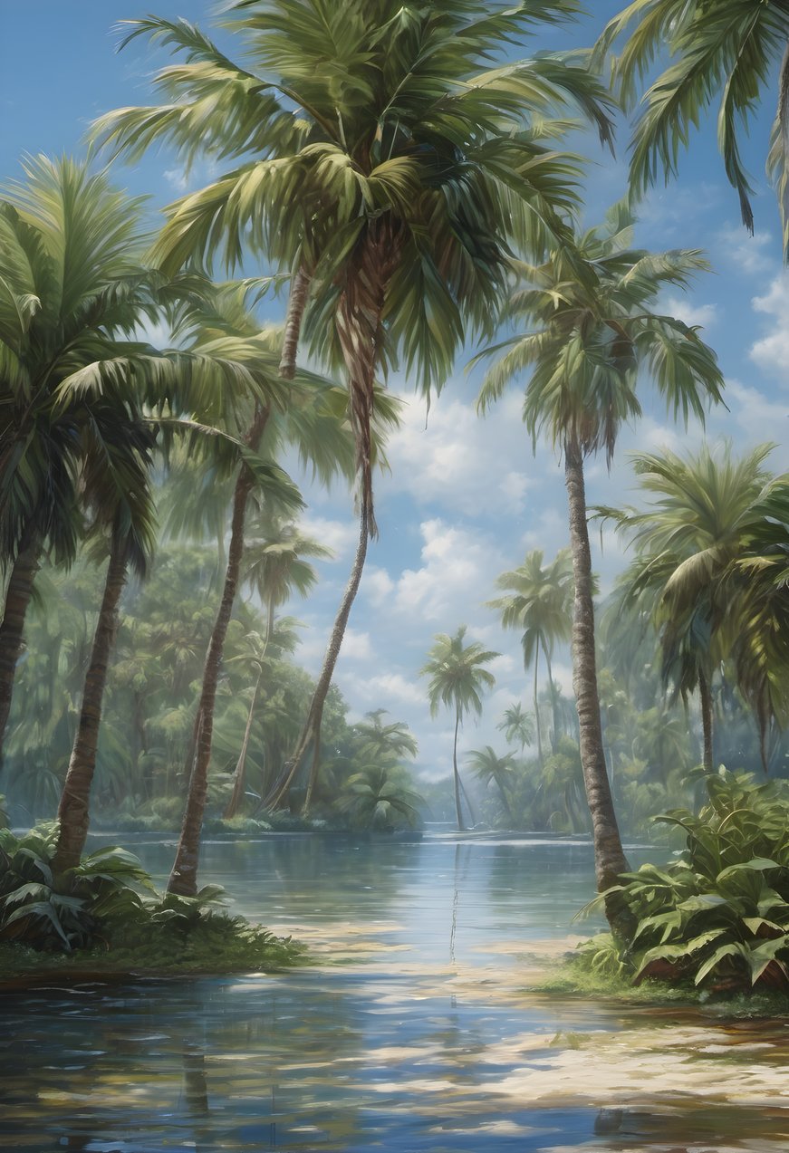 Palm shadows falling across a clear tropical lagoon after rain