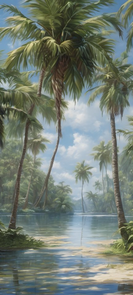 Palm shadows falling across a clear tropical lagoon after rain