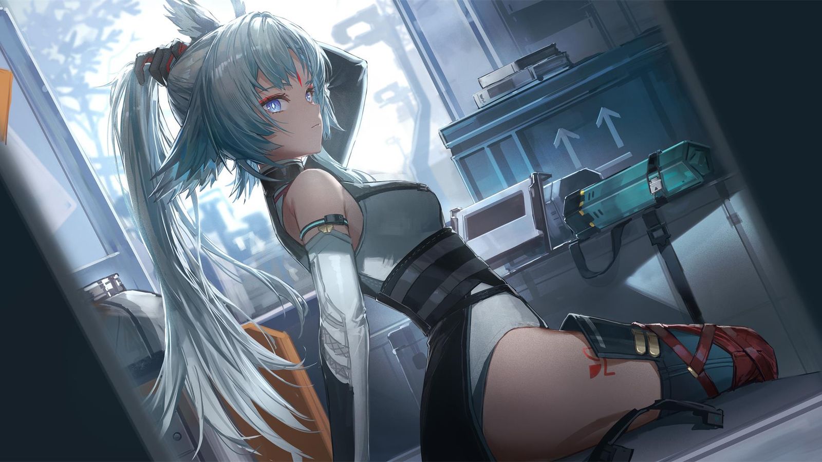 An anime girl with long white twin-tailed hair and blue eyes kneels in a sunlit industrial room with sci-fi equipment.