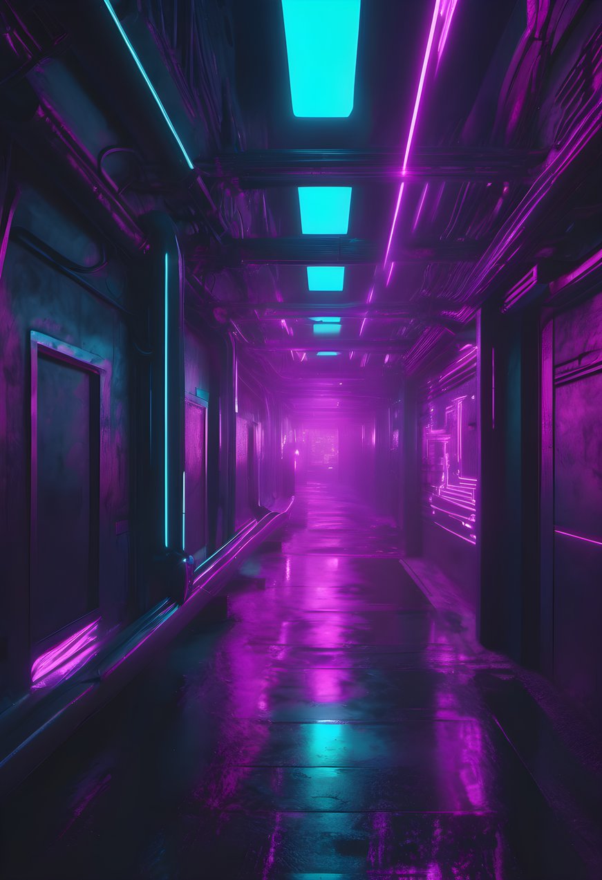 Abstract holographic signs glowing purple and teal in a dark alley