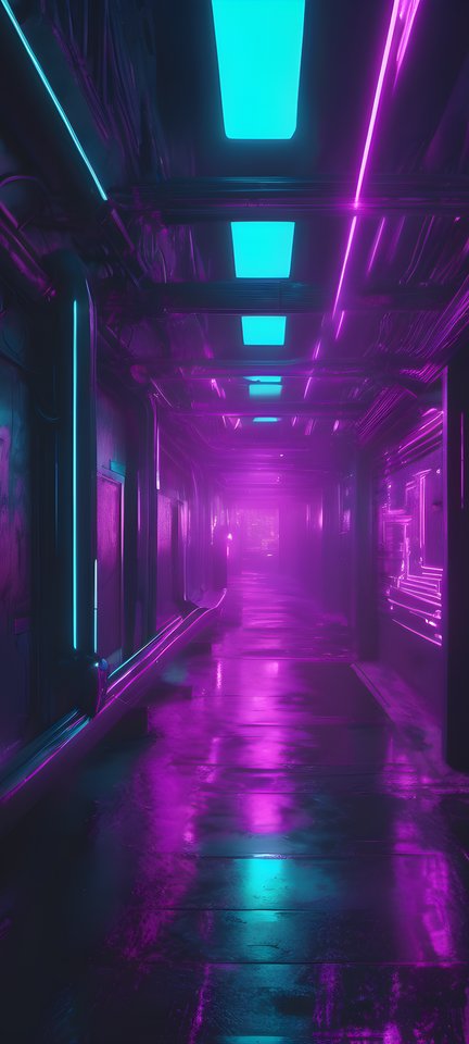 Abstract holographic signs glowing purple and teal in a dark alley