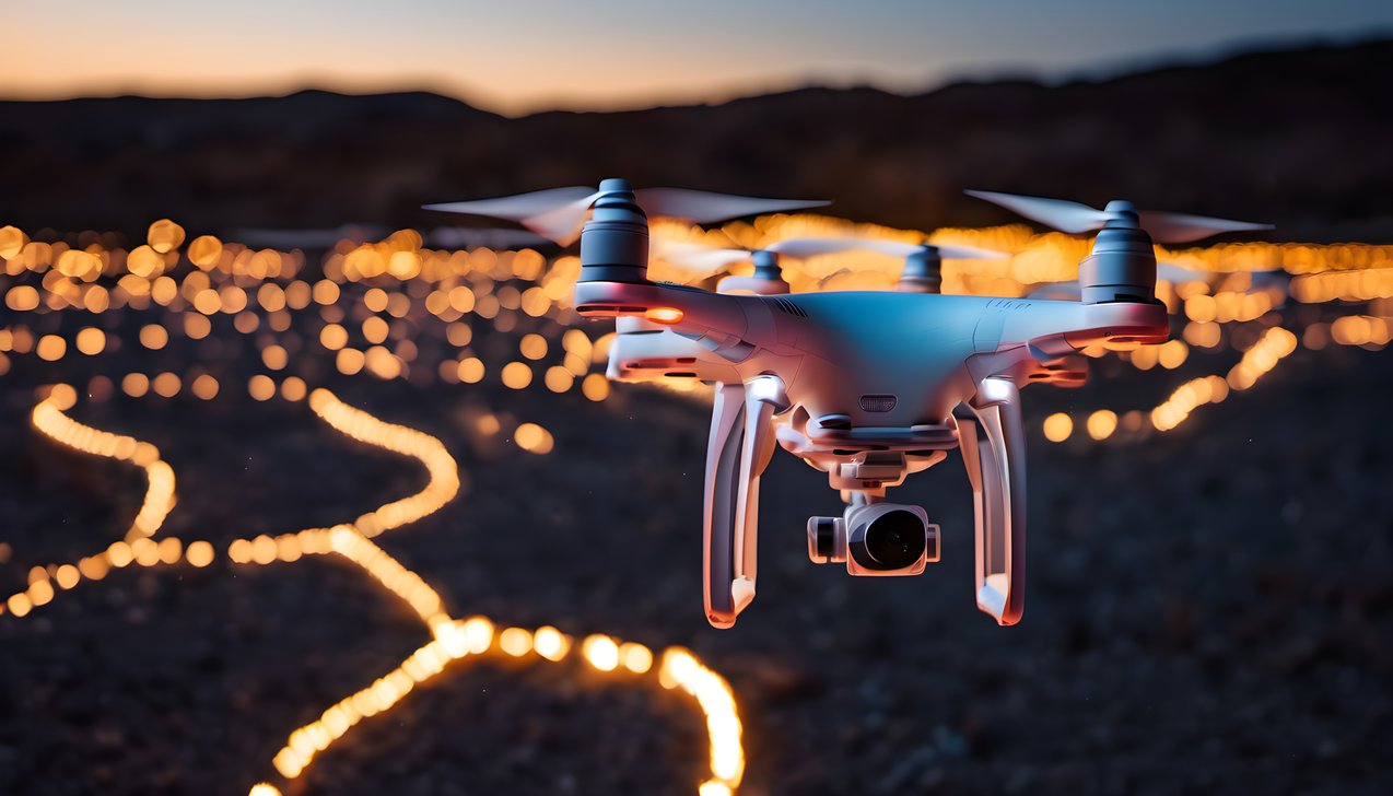 Drones forming a light pattern in the night sky with shallow depth of field