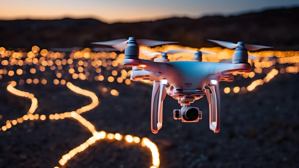 Drones forming a light pattern in the night sky with shallow depth of field