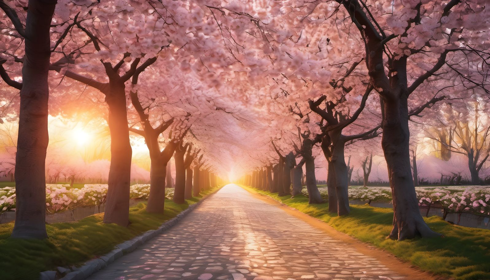 An avenue of cherry trees in full spring bloom at golden hour