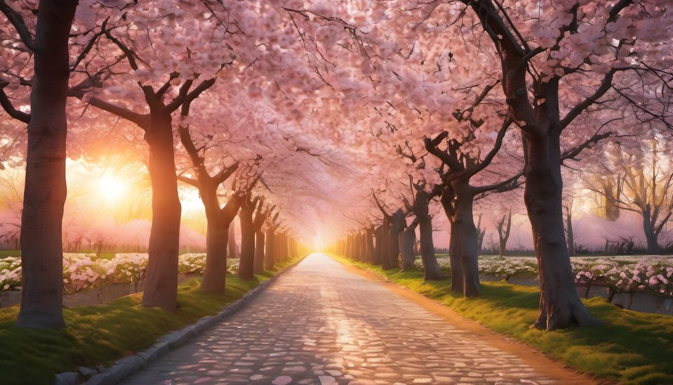 An avenue of cherry trees in full spring bloom at golden hour