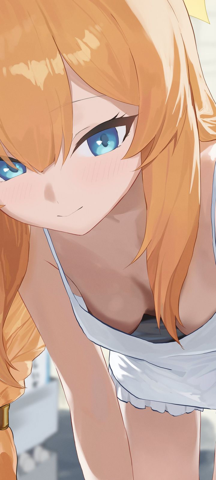 Anime illustration of a smiling blonde girl with blue eyes wearing a white camisole, leaning forward.