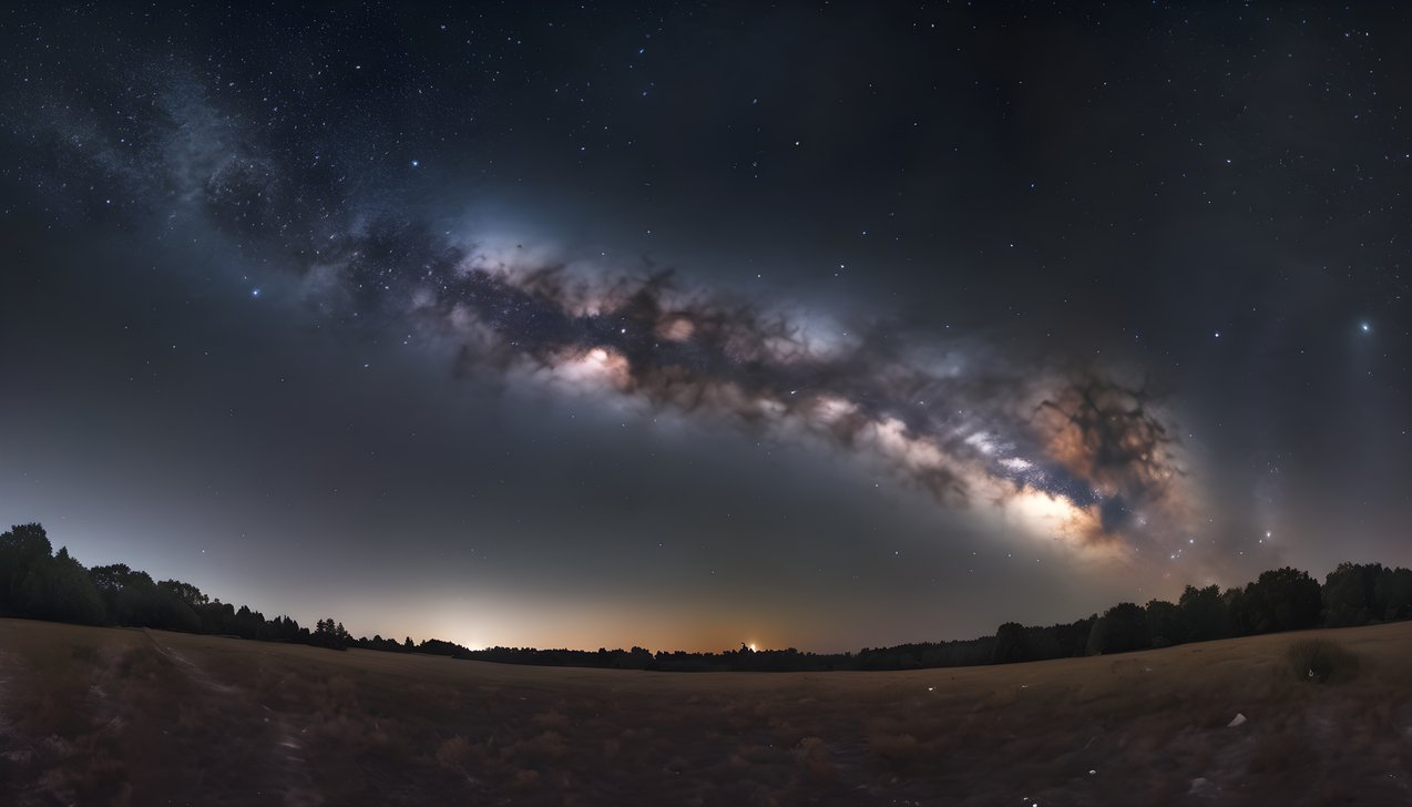 The milky way arching across a dense starfield over a dark horizon