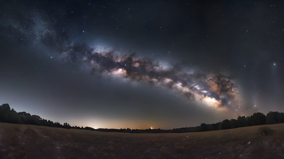 The milky way arching across a dense starfield over a dark horizon