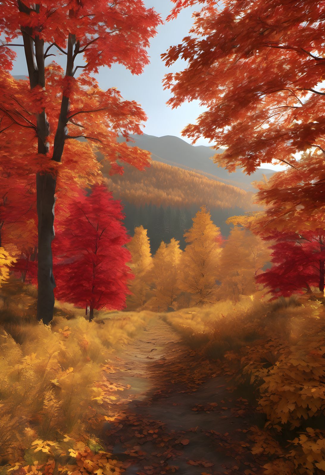 A valley of maple trees in full red and gold autumn color