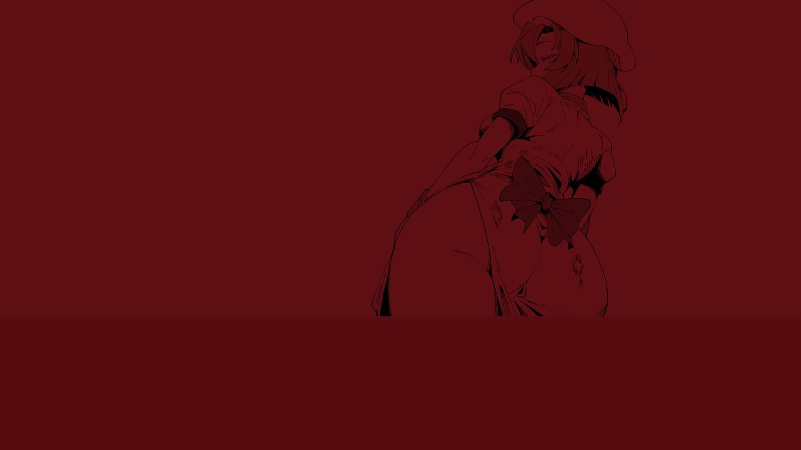 A dark red-toned anime-style sketch of a girl in a hat and bow viewed from behind.
