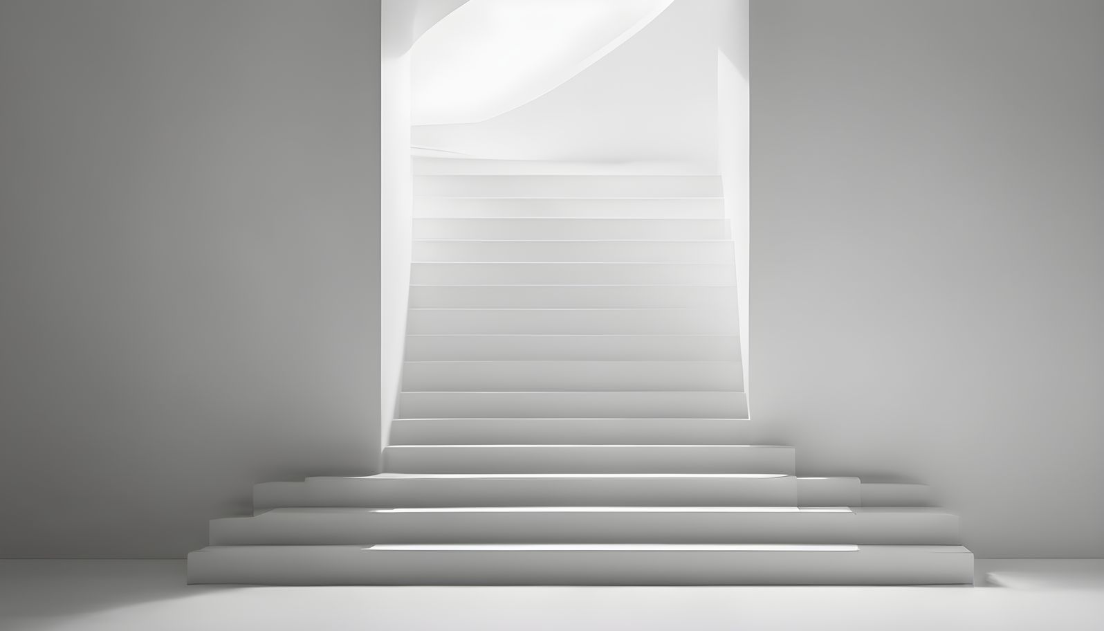 White stairs descending into a shaft of light with vast negative space