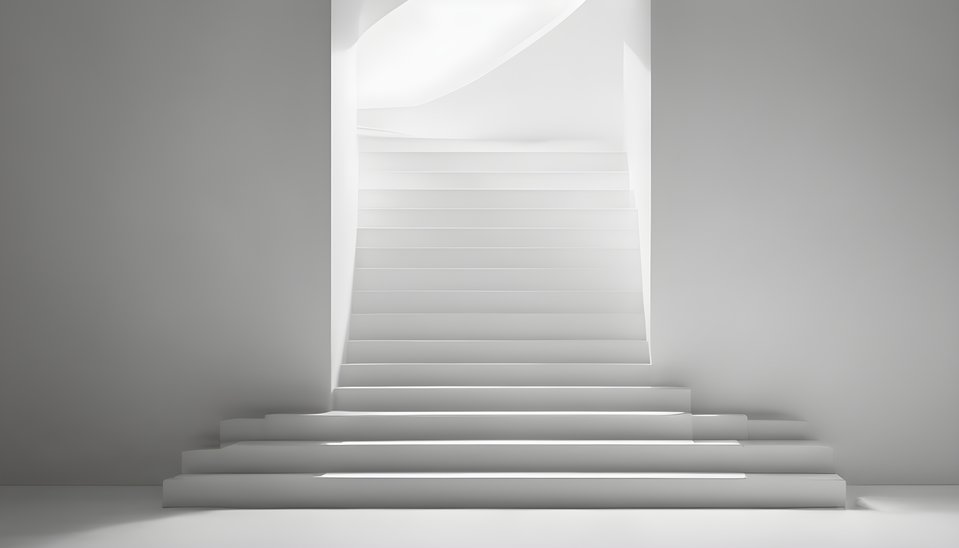 White stairs descending into a shaft of light with vast negative space