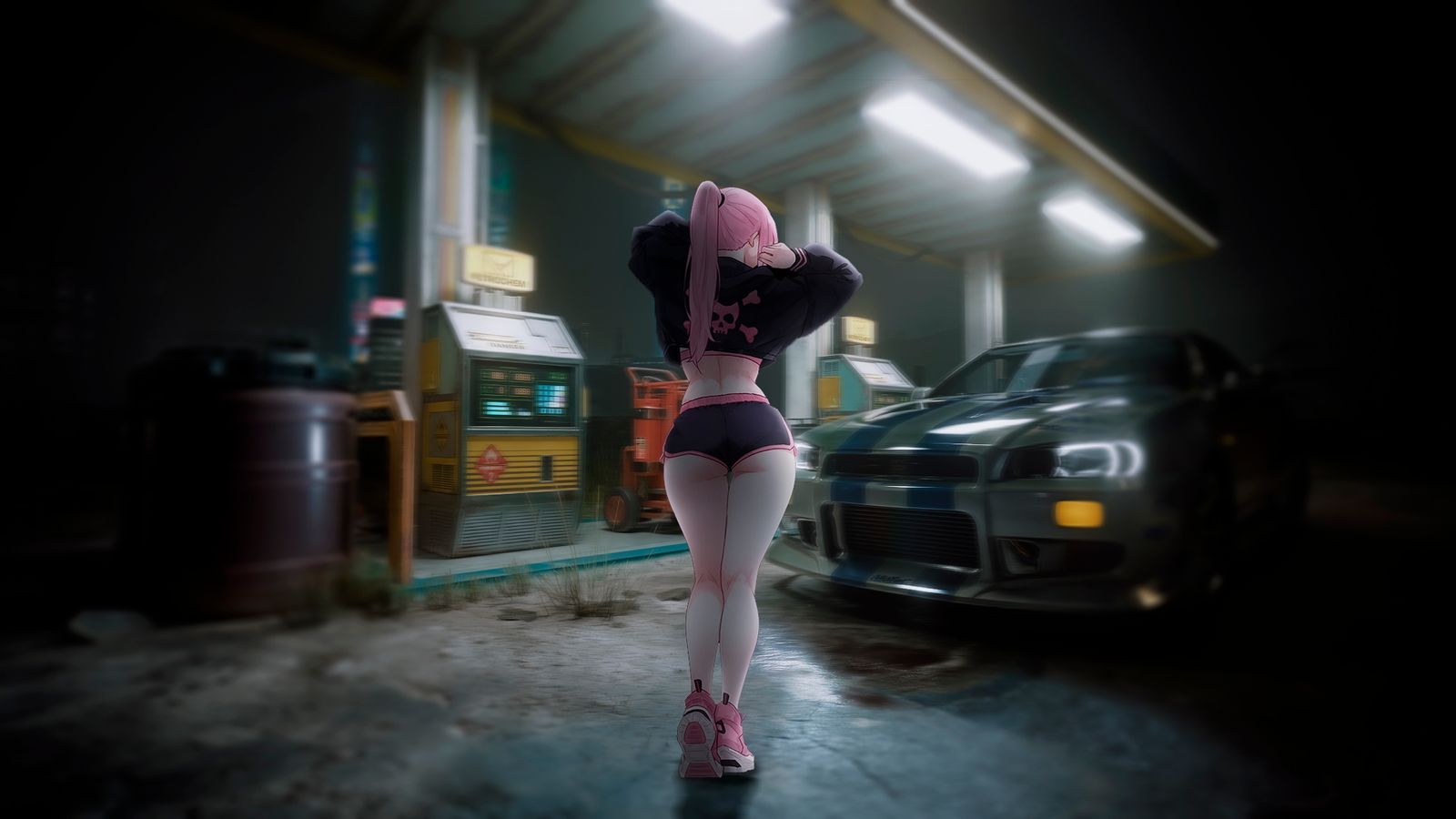 Anime girl with pink ponytail standing at a dim gas station next to a racing car at night.