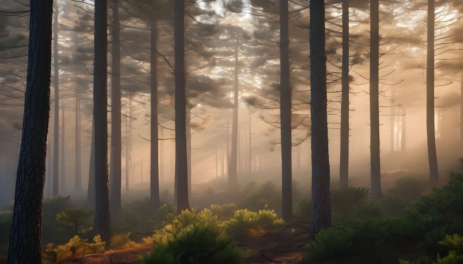 Morning fog drifting between tall pine trees at golden hour
