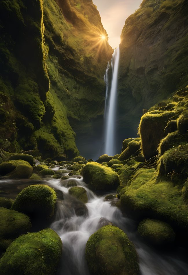 A waterfall dropping into a moss covered canyon at golden hour