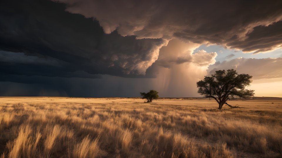 Storm clouds building over open grassland plains at golden hour