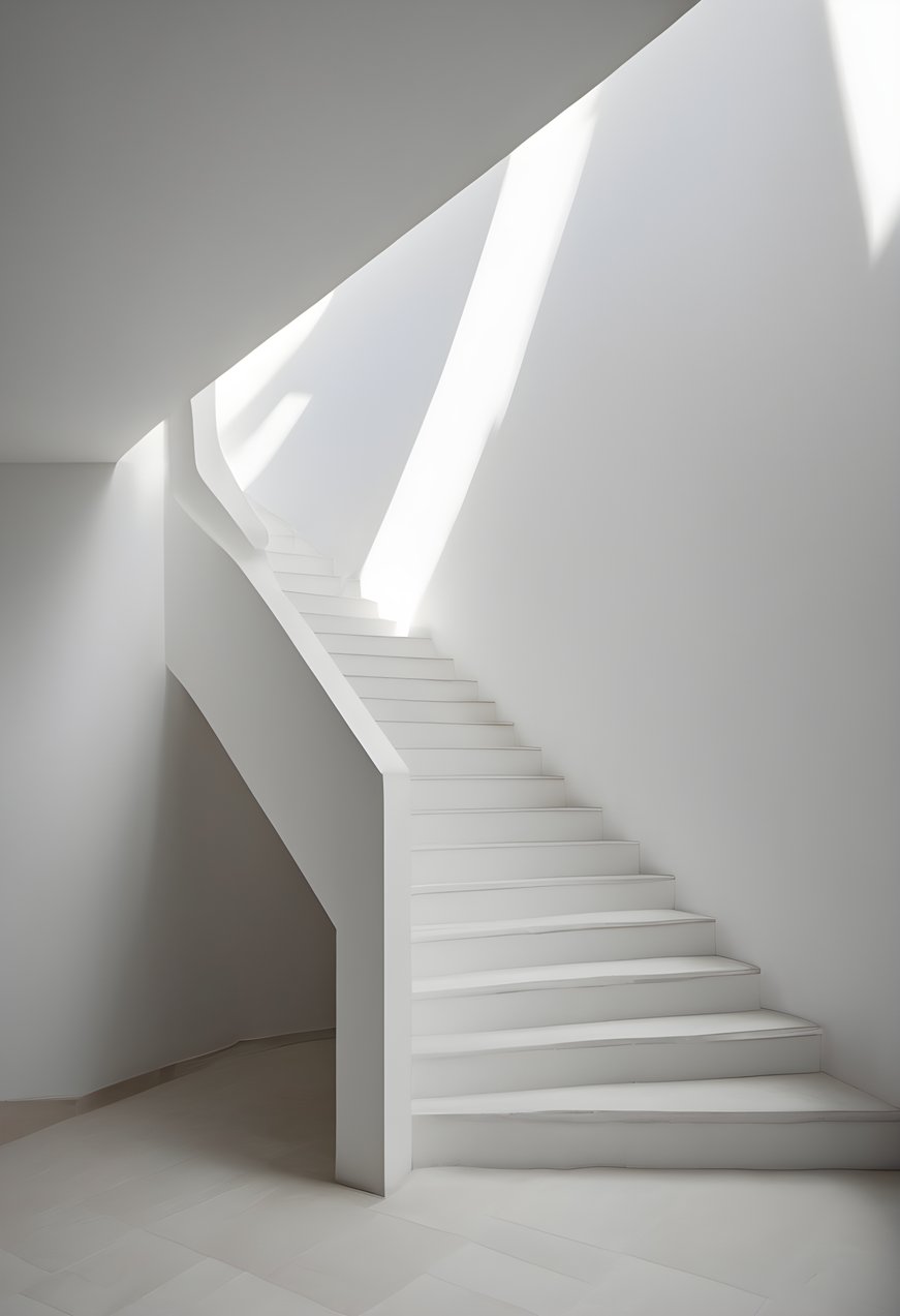 White stairs descending into a shaft of light