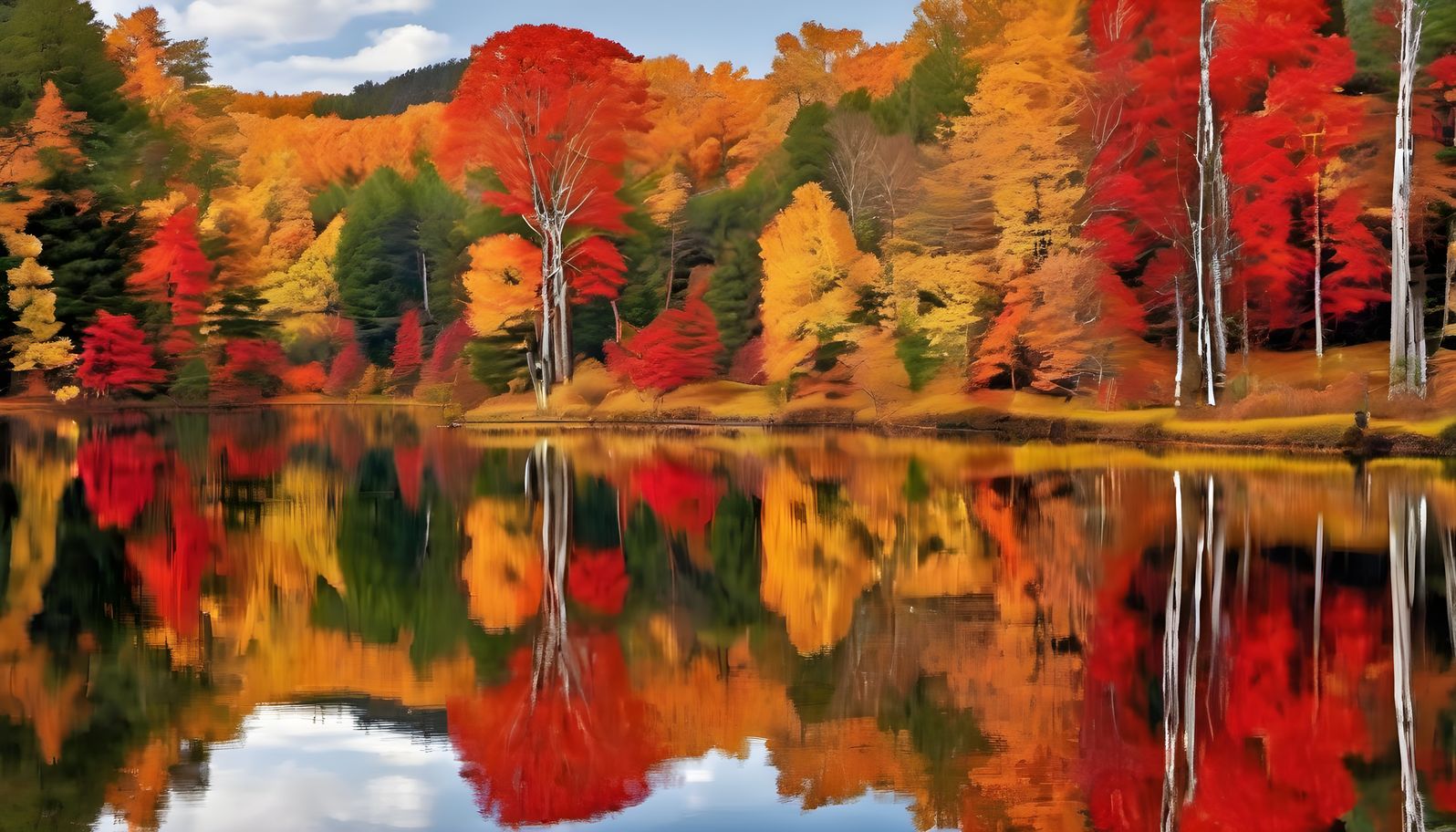 Autumn trees in red and gold reflected in a calm mirror like lake