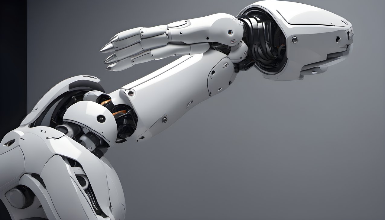 A white robotic arm lit by soft rim light in a dark studio