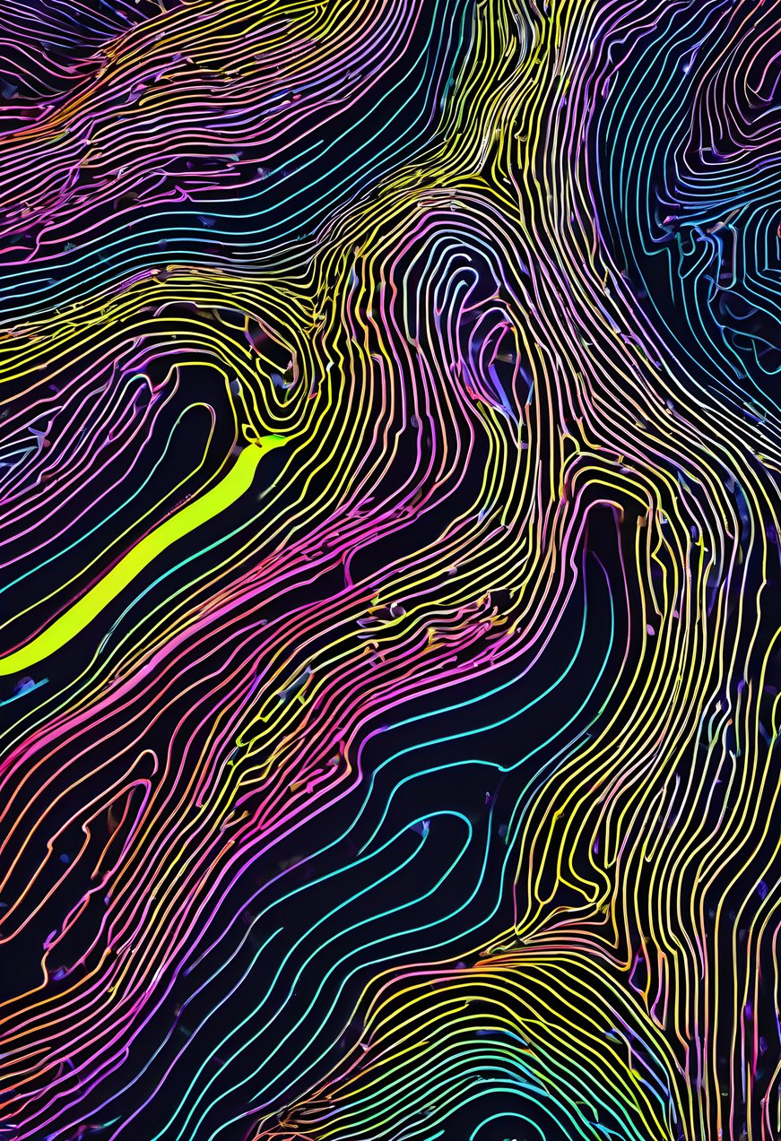 Topographic contour lines drawn in neon with high contrast