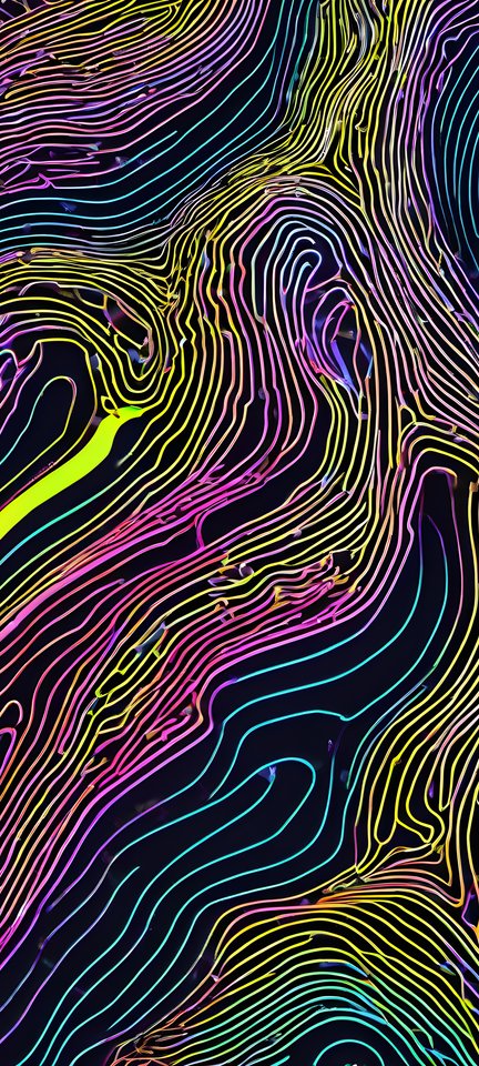 Topographic contour lines drawn in neon with high contrast