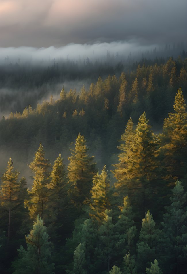 Morning fog drifting between tall pine trees under dramatic clouds