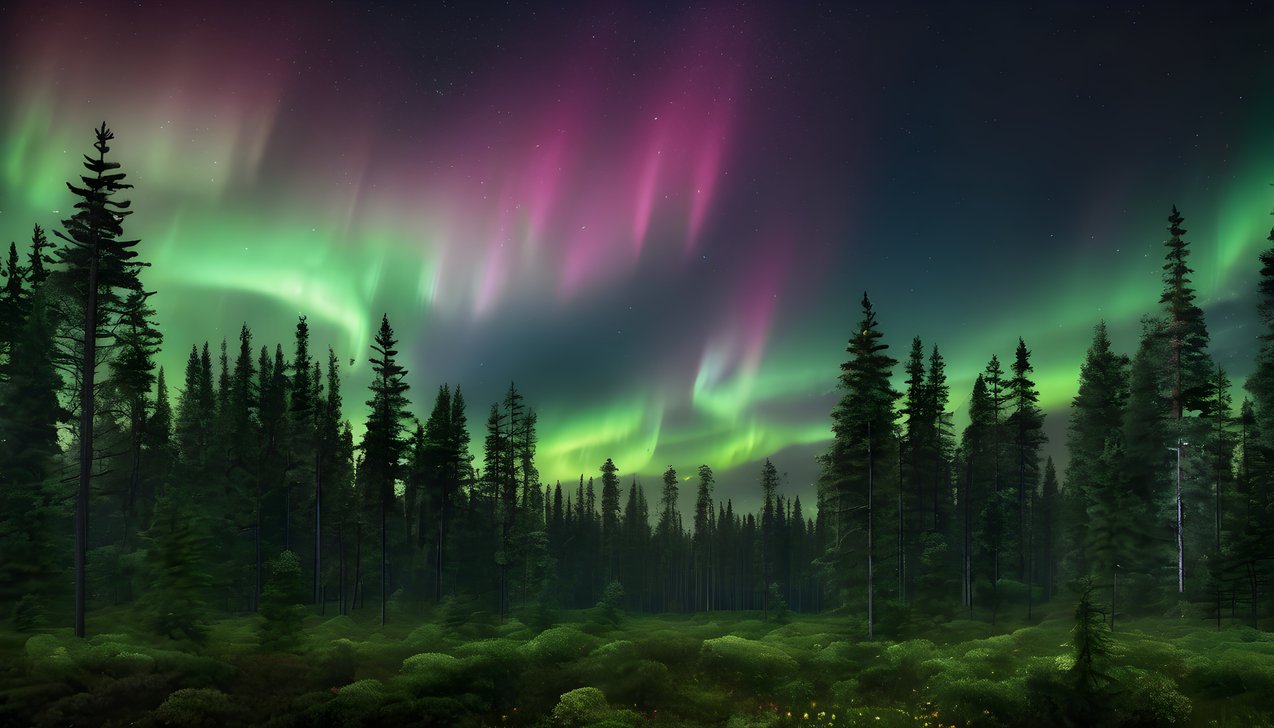 Northern lights dancing above a silhouetted pine forest after rain