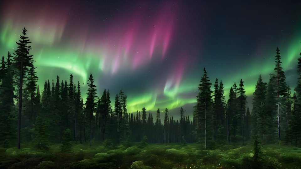 Northern lights dancing above a silhouetted pine forest after rain