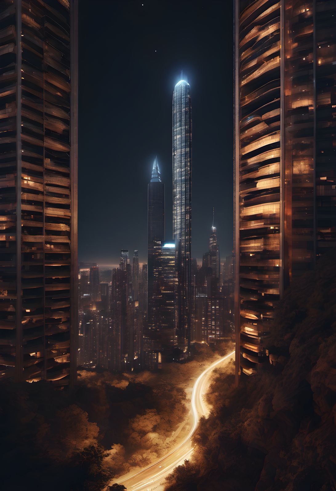 Skyscrapers forming a canyon of lit windows at night