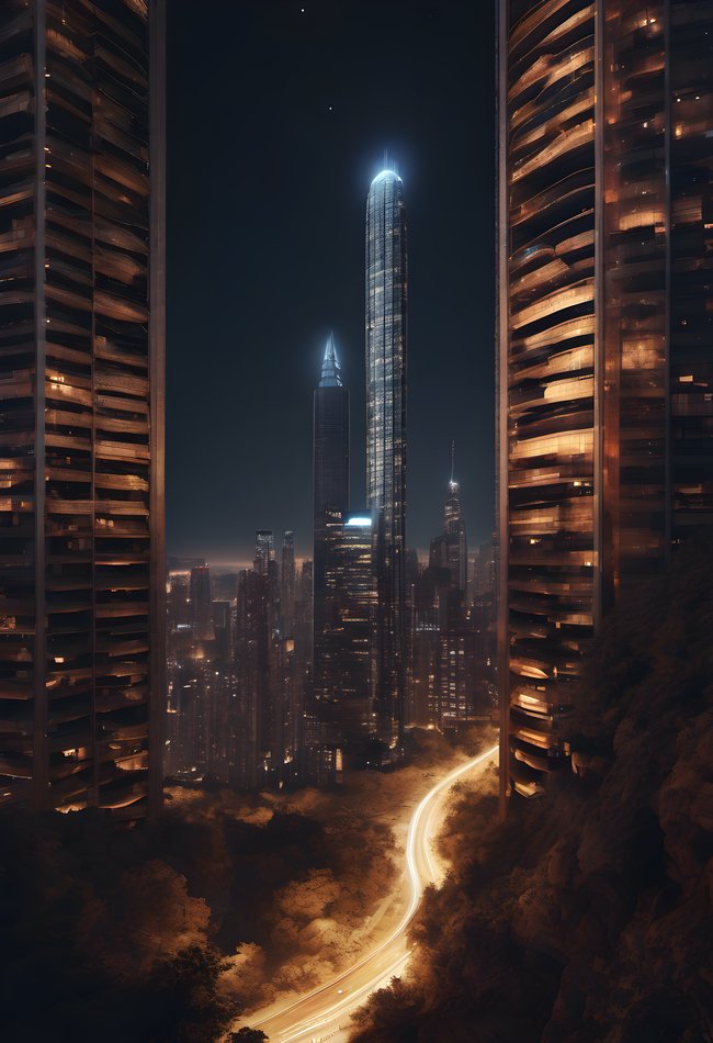 Skyscrapers forming a canyon of lit windows at night