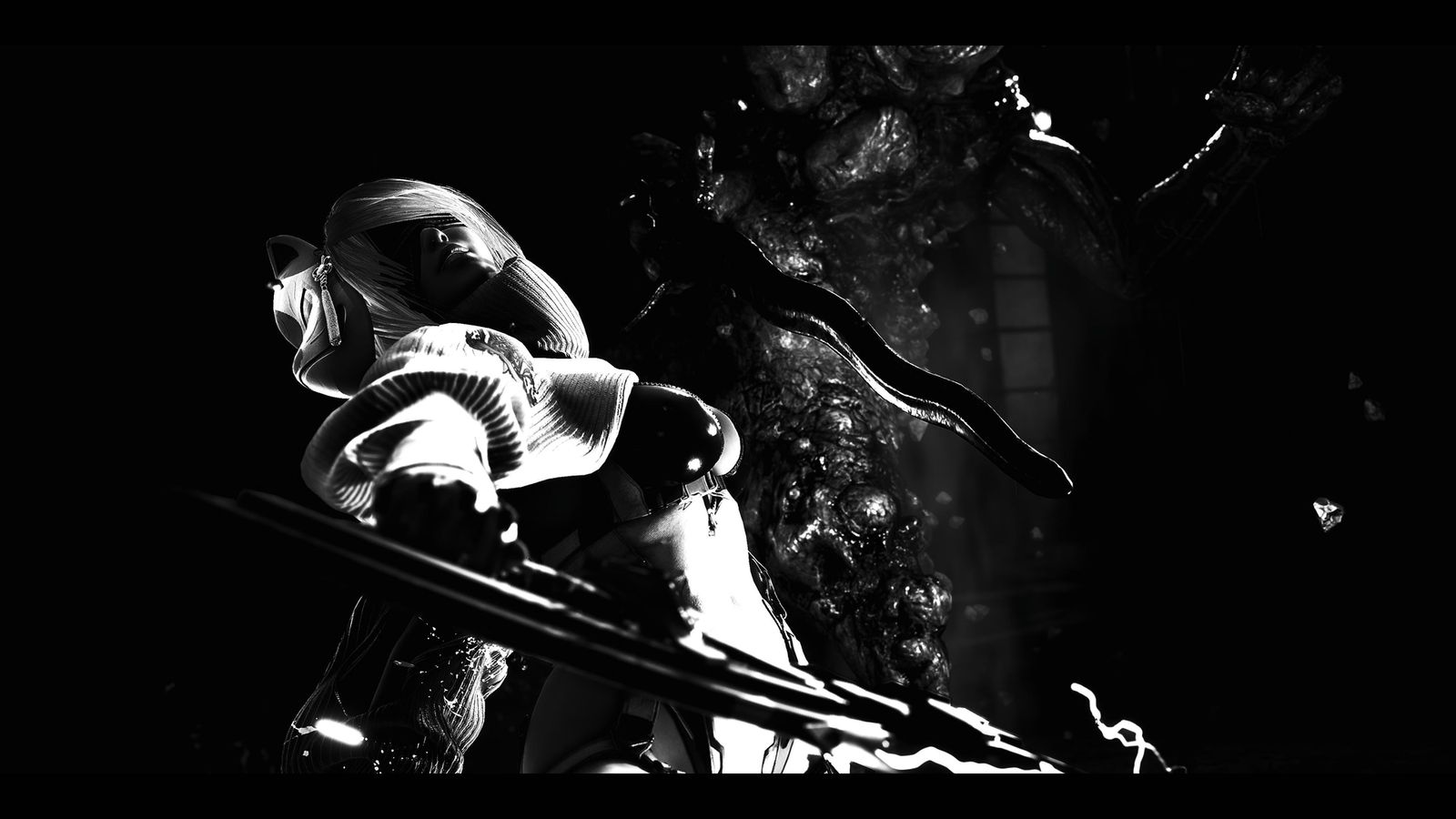 A black-and-white scene of a blonde girl with a hood wielding a katana against a grotesque dark monster.