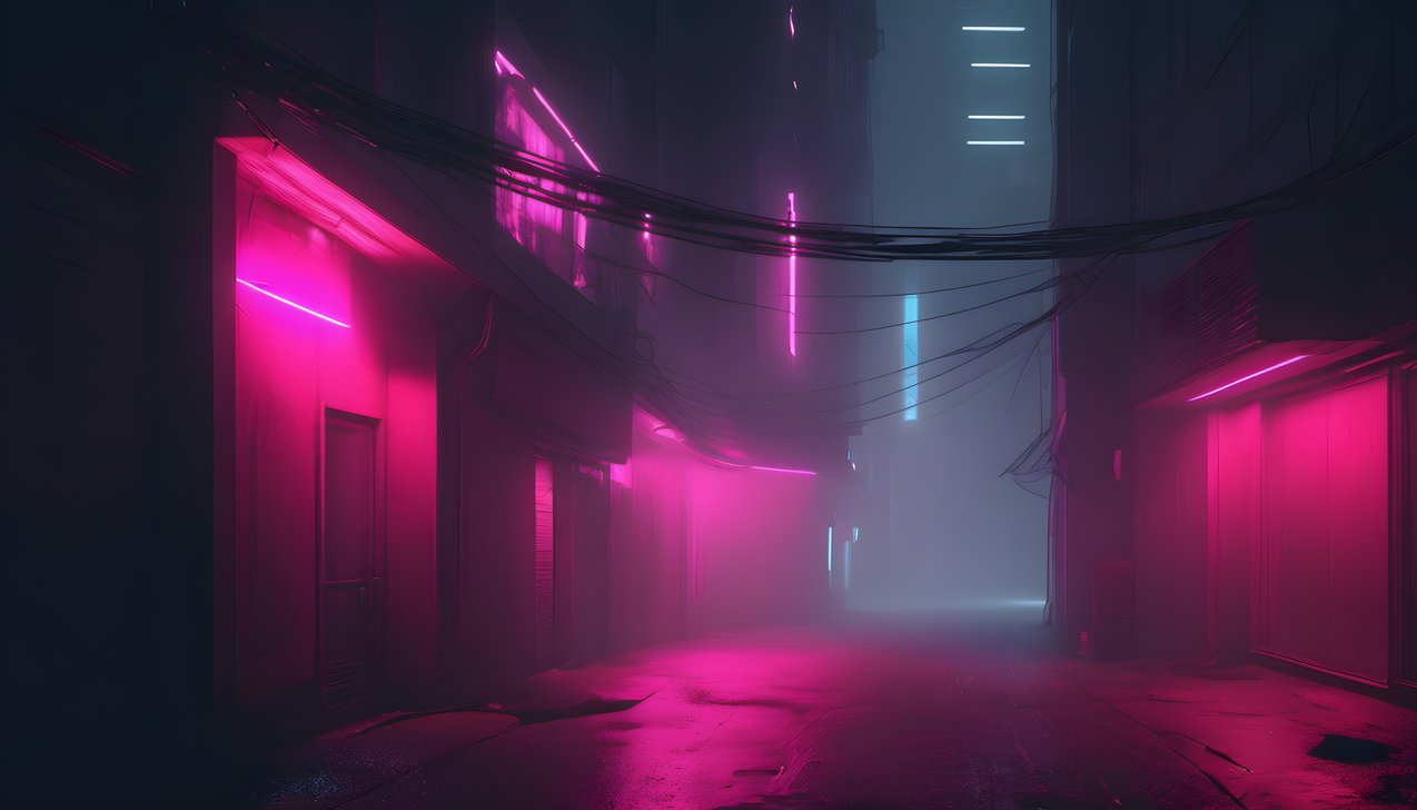 A fog filled futuristic alley with sparse neon highlights in deep shadow
