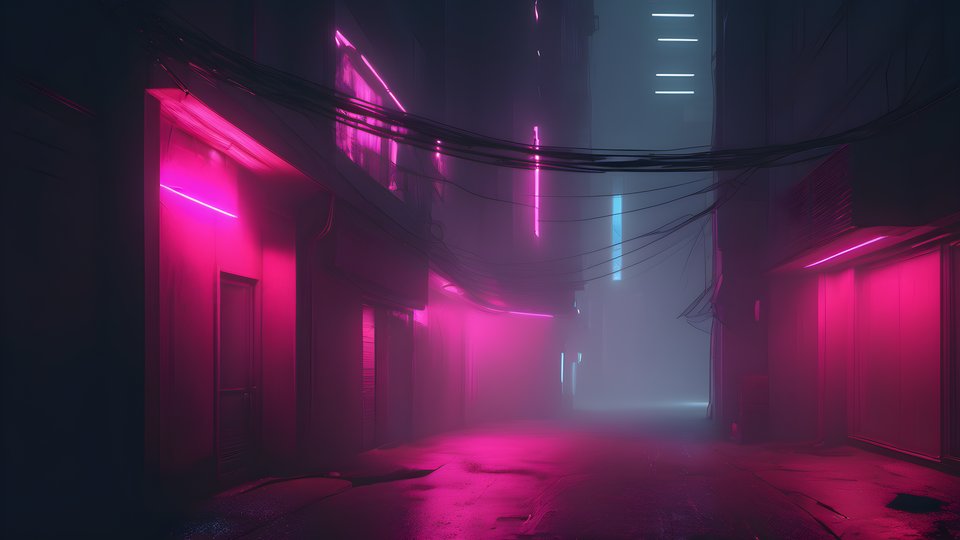 A fog filled futuristic alley with sparse neon highlights in deep shadow