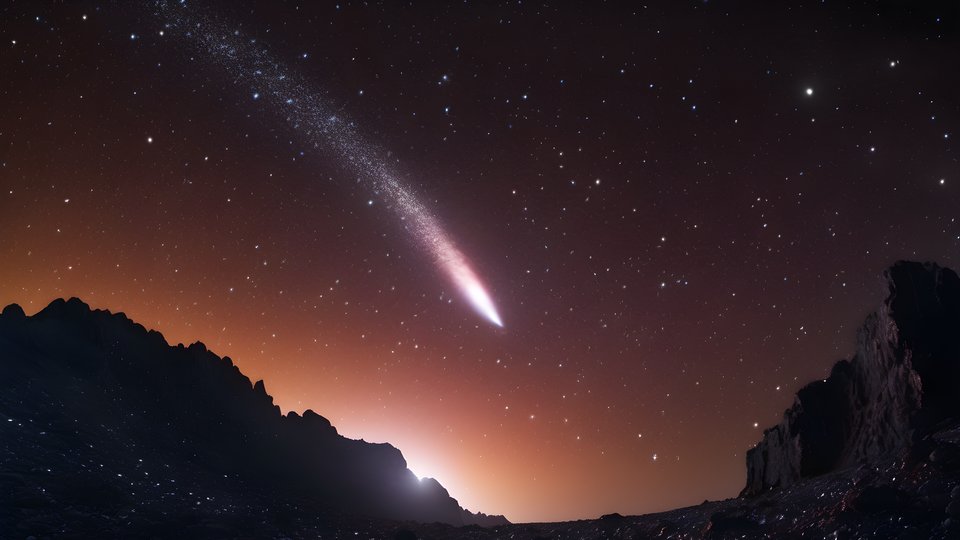 A comet tail sweeping across a dense star field with deep rich color