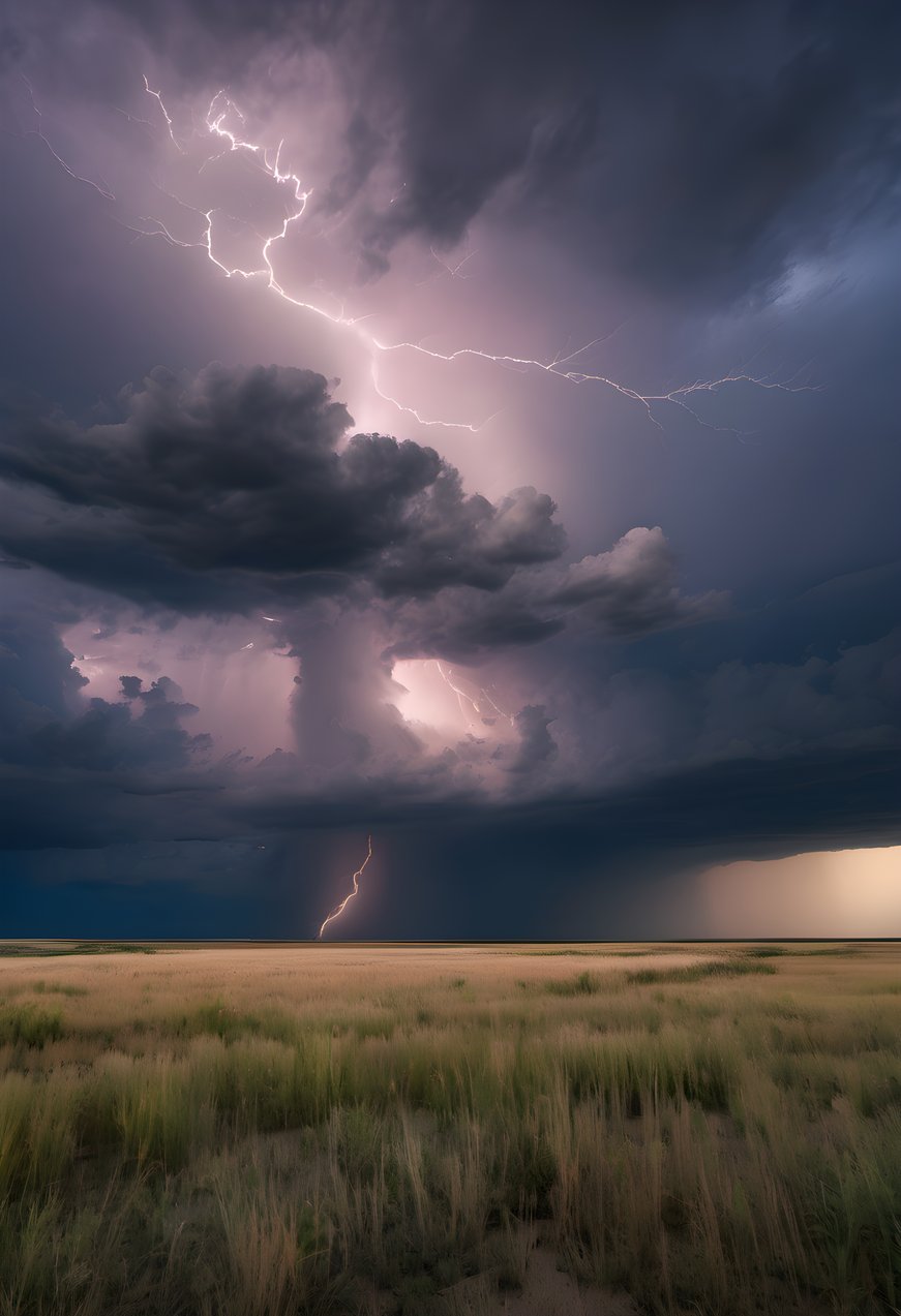 A thunderstorm rolling across the prairie at blue hour in soft morning light