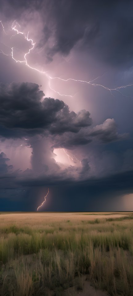 A thunderstorm rolling across the prairie at blue hour in soft morning light