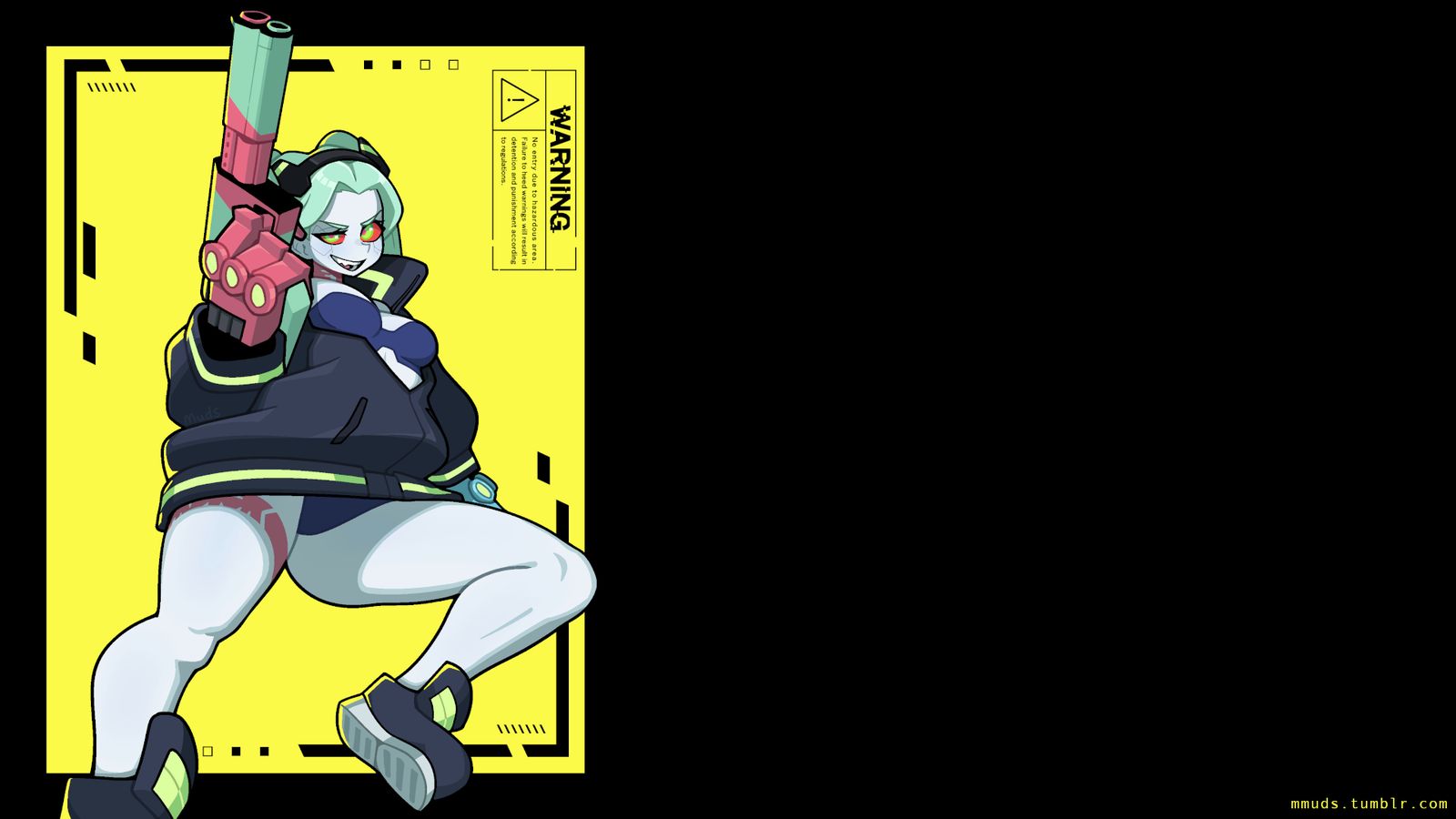 Cartoon anime-style woman with green hair holding a large rocket launcher against a bright yellow poster background.