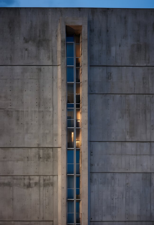 A brutalist concrete facade in hard light at blue hour