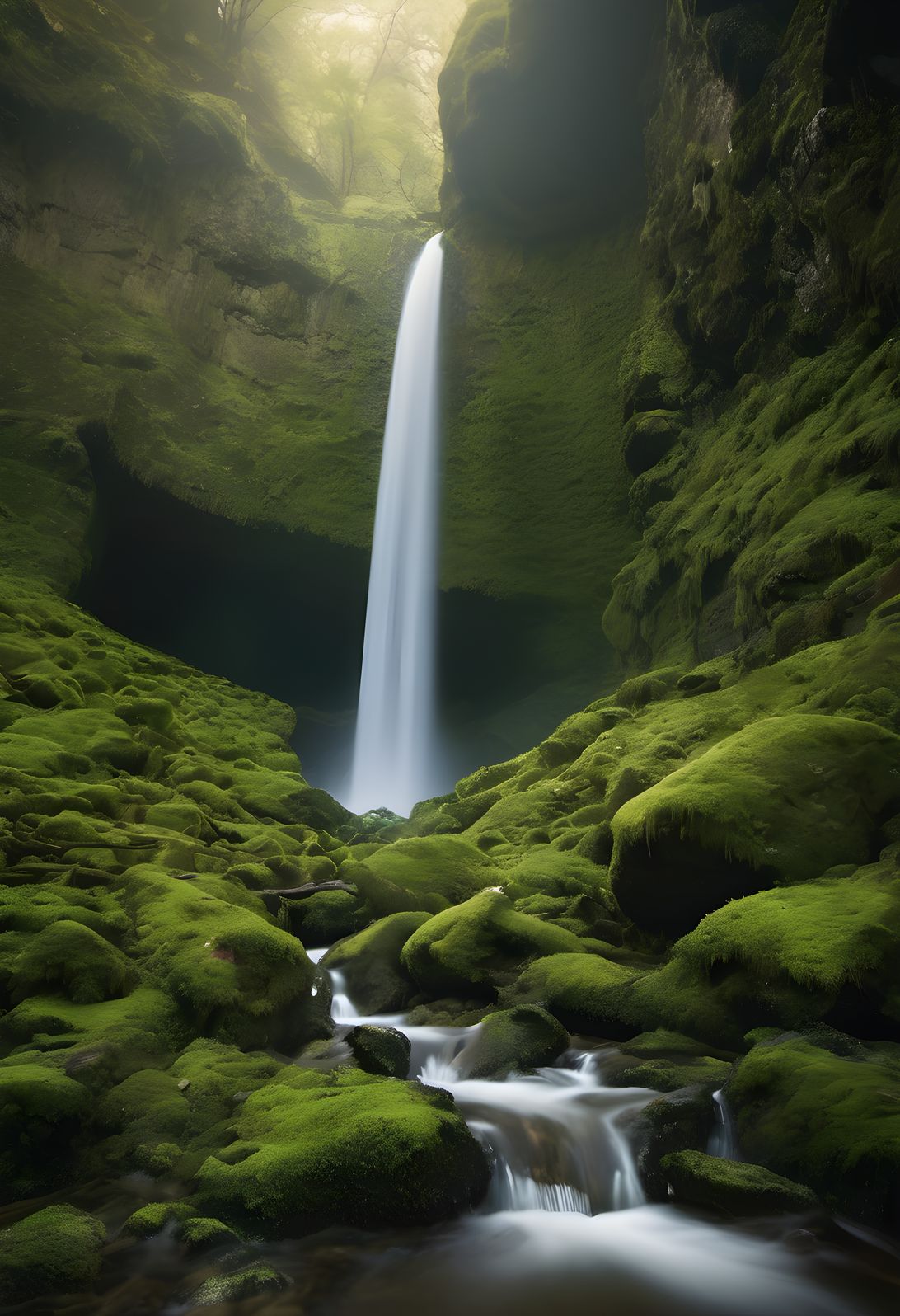 A waterfall dropping into a moss covered canyon in soft morning light