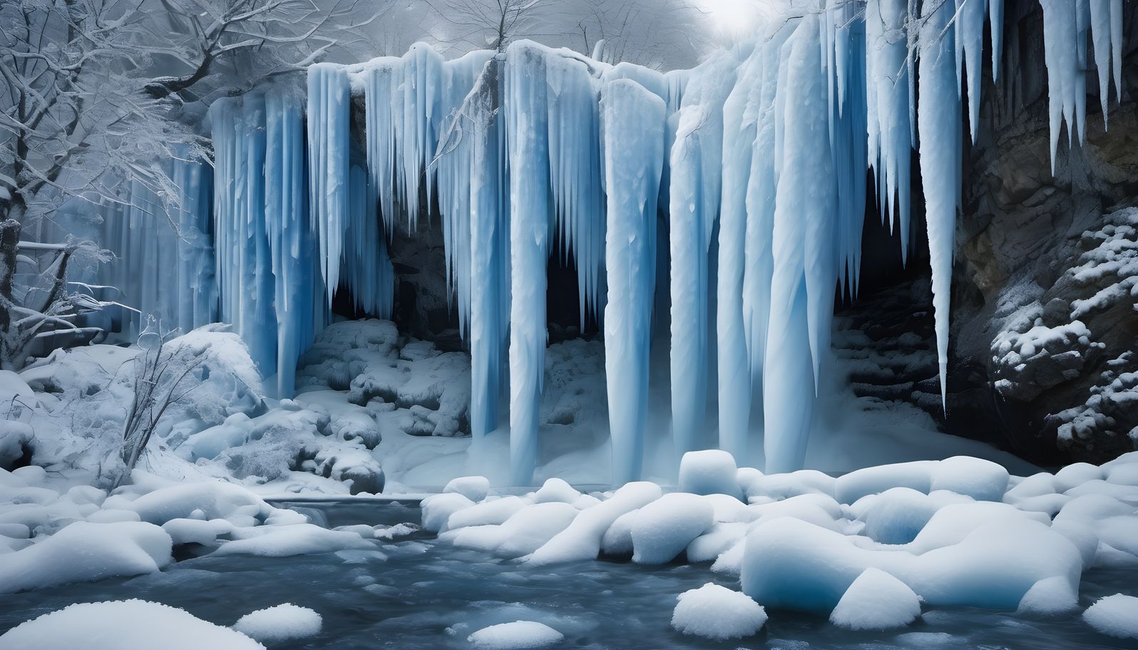 A waterfall frozen into blue ice columns after rain