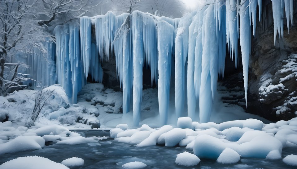 A waterfall frozen into blue ice columns after rain