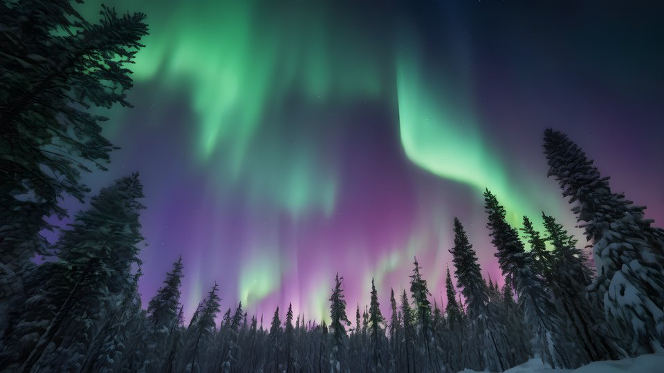 Northern lights dancing above a silhouetted pine forest