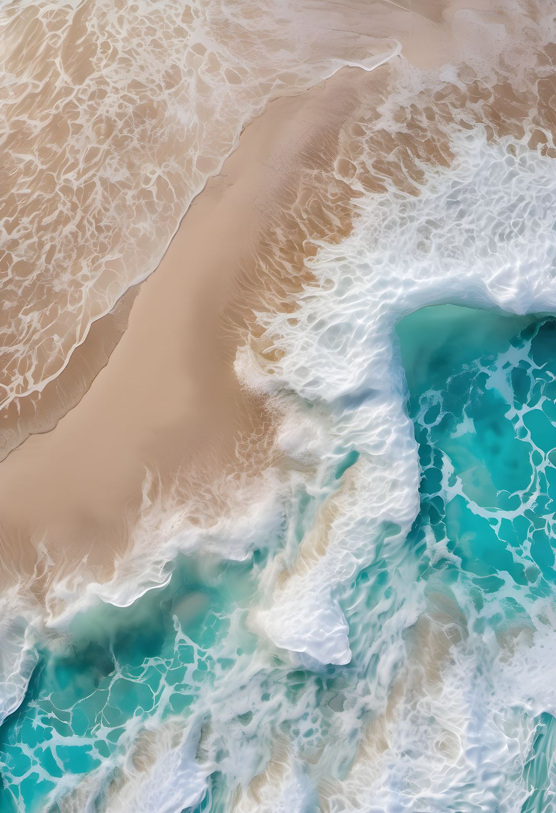 Turquoise ocean waves seen from above with white foam patterns on clear water